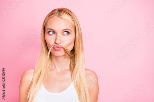 Photo of amazing lady sending air kisses pretending like man making false moustache with curl wear casual isolated pink color background