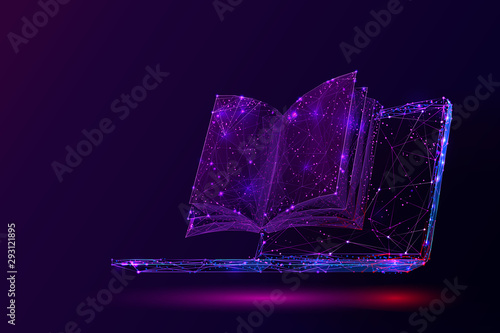 Laptop and book low poly vector illustration. 3d open textbook. Polygonal notebook display mesh art with connected dots. Modern information source, online library. Learning, self-education concept