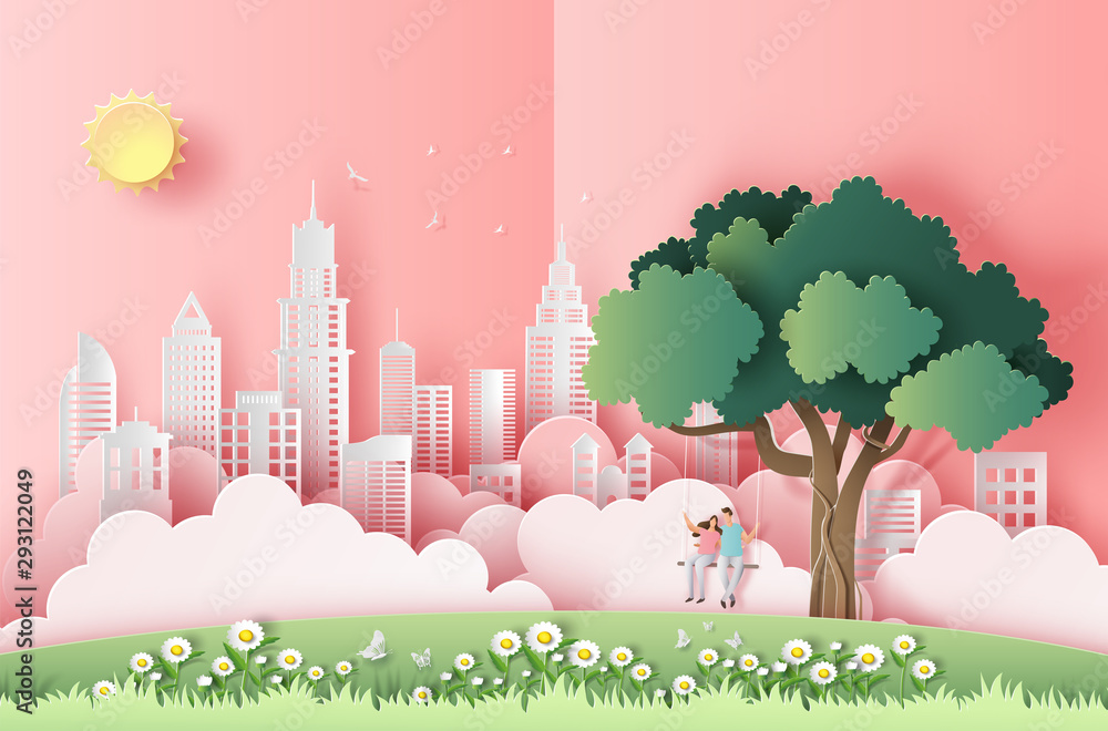 Cute couple sitting on a swing under a tree in a big city, pop up card,  paper art style, flat-style vector illustration. Stock Vector | Adobe Stock