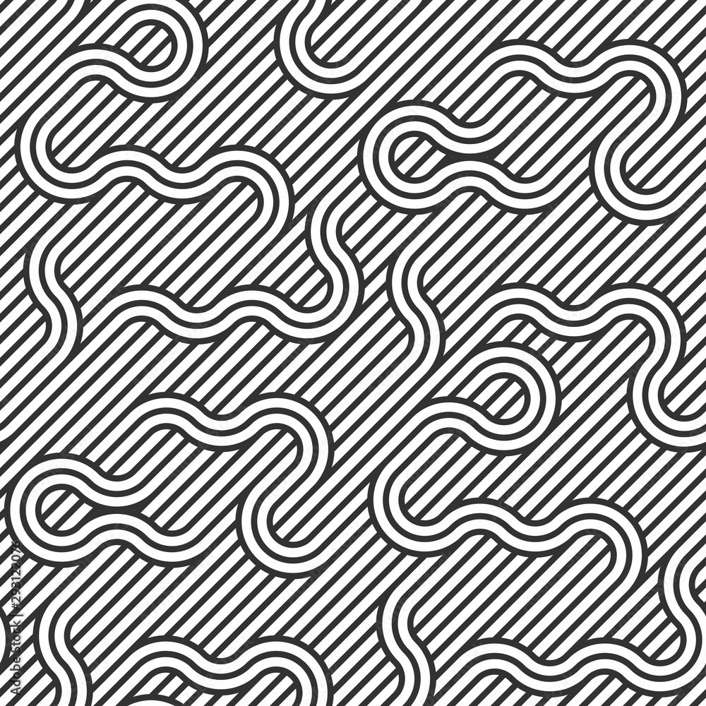 Lined seamless vector pattern with twisted lines, geometric abstract background, stripy net, optical maze, web network. Black and white design.