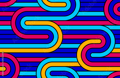 Seamless linear vector geometric minimalistic pattern, abstract lines tiling background, stripy weaving, optical maze, twisted stripes. Colorful design.