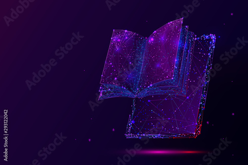 Tablet and book low poly vector illustration. 3d open encyclopedia. Polygonal gadget display mesh art with connected dots. E-reader, online library concept. Elearning, self-education metaphor..