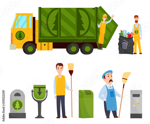 Garbage collection. Garbage truck, garbage man in uniform waste bag recycle bin. Waste management concept illustration.