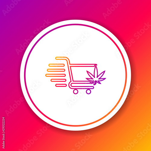 Color line Shopping cart with marijuana or cannabis leaf icon isolated on color background. Online buying. Delivery service. Supermarket basket. Circle white button. Vector Illustration