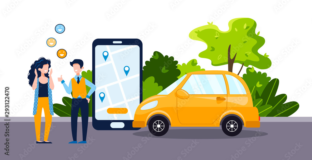 Car sharing service concept with positive woman and man, telephone with app and yellow car. Green environment. Online map and car rental, GPS, mobile application. Vector flat illustration. Car sharing service concept with positive woman and man, telephone with app and yellow car. Green environment. Online map and car rental, GPS, mobile application. Vector flat illustration.