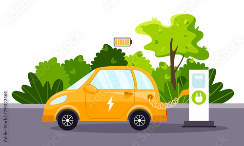 An electric car charges from an electric vehicle charging station. Full charged battery. Concept of preserving the green environment and the ecology. Caring for the future. Vector flat illustration.