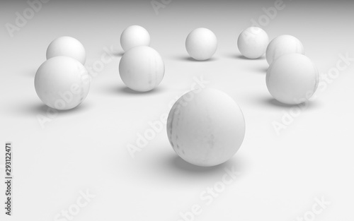 White abstract background. Set of white balls isolated on white backdrop. 3D illustration