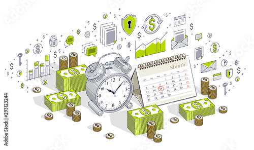 Deadline concept, table Alarm Clock and Calendar with cash money stacks isolated on white background. Vector 3d isometric business illustration with icons, stats charts and design elements.