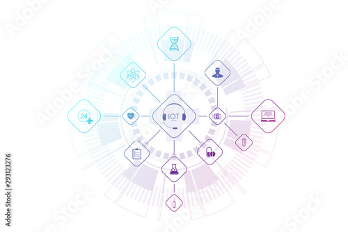Medical concept Internet of Things (IoT) and pharmaceutical products background. World trade in pharmaceutical preparations, pharmacological business, pharmaceutical industry. Medical IOT icons