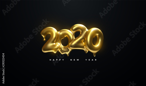 Happy New 2020 Year. Holiday vector illustration of golden metallic numbers 2020 on black background. Melted gold characters. Realistic 3d sign. Festive poster or banner design