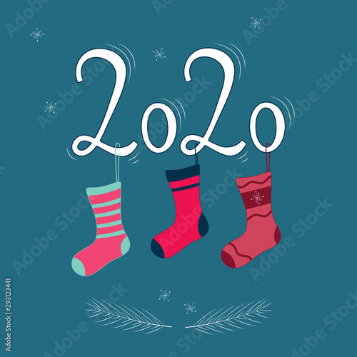 2020 vision. White Numbers 2020 with pink christmas socks on navy blue background. Perfect for poster, postcard, card, invitation, banner, flyer. Vector illustration   