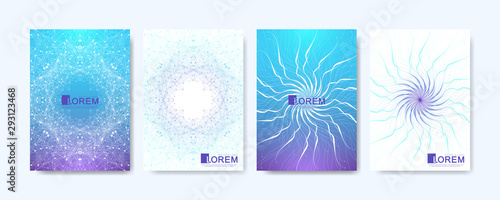 Modern vector template for brochure, leaflet, flyer, cover, banner, catalog, magazine, or annual report in A4 size. Futuristic science and technology design. Presentation with mandala. Lines plexus
