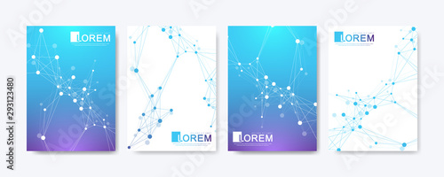 Modern vector template for brochure, leaflet, flyer, cover, catalog in A4 size. DNA helix, DNA strand, molecule or atom, neurons. Abstract structure for Science or medical background