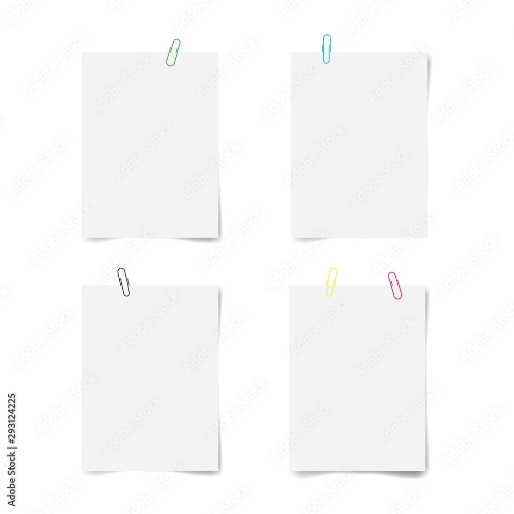 Colored paperclip with blank white notepaper. White sheet for your message or adding more text. Vector illustration flat design. Isolated on white background. Template for memo. Notebook space.\n Colored paperclip with blank white notepaper. White sheet for your message or adding more text. Vector illustration flat design. Isolated on white background. Template for memo. Notebook space.\n