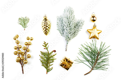 Christmas gift, golden berries, baubles and green fir branch isolated on white background