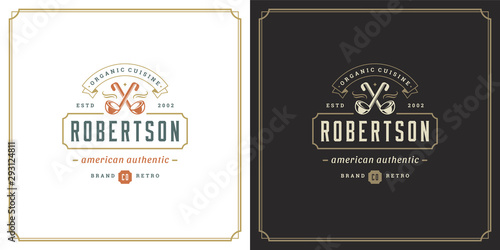 Restaurant logo template vector illustration soup ladles symbol and decoration good for menu and cafe sign.
