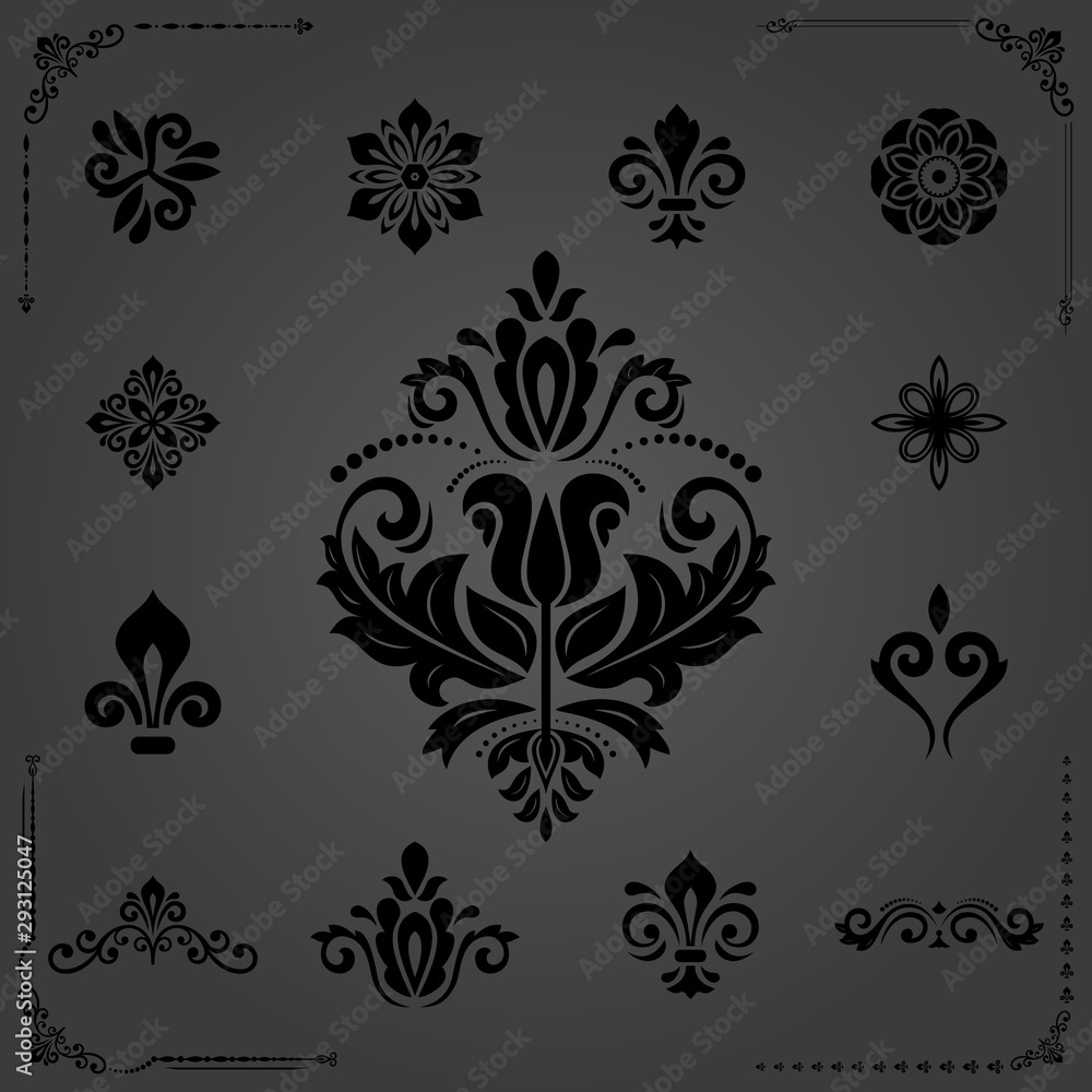 Fototapeta premium Vintage set of vector floral elements. Different black elements for backgrounds, frames and monograms. Classic black patterns. Set of vintage patterns