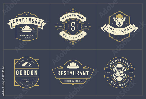 Restaurant logos templates set vector illustration good for menu labels and cafe badges.