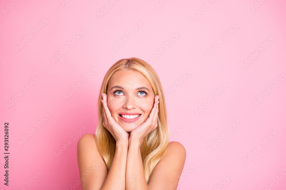 Closeup photo of amazing lady looking up empty space watch wow prices wear white tank-top isolated on pink color background Closeup photo of amazing lady looking up empty space watch wow prices wear white tank-top isolated on pink color background