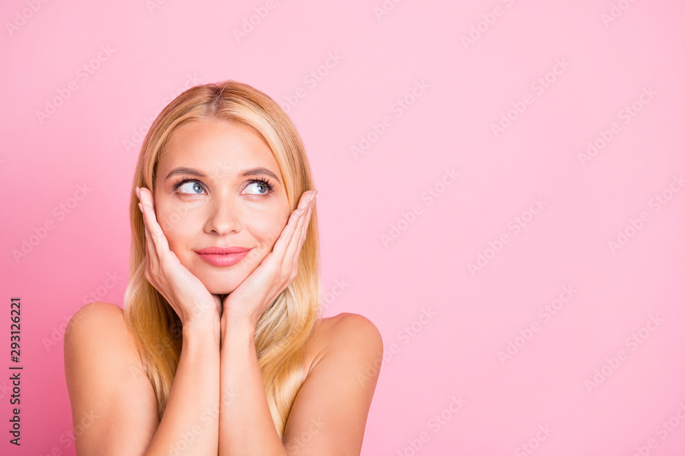 Closeup photo of amazing lady dreamer looking up empty space making birthday wish wear white tank-top isolated on pink color background Closeup photo of amazing lady dreamer looking up empty space making birthday wish wear white tank-top isolated on pink color background