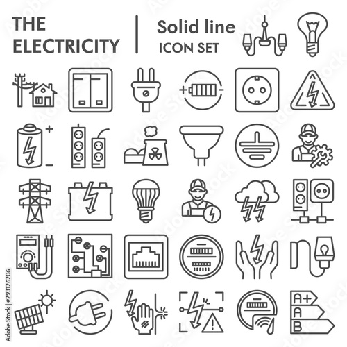 Electricity line icon set, power symbols collection, vector sketches, logo illustrations, electrician energy signs linear pictograms package isolated on white background, eps 10.
