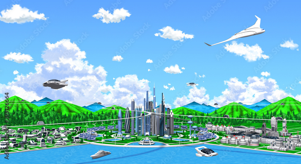 Future houses, buildings and factories, blue sky and clouds, 3d render Future houses, buildings and factories, blue sky and clouds, 3d render