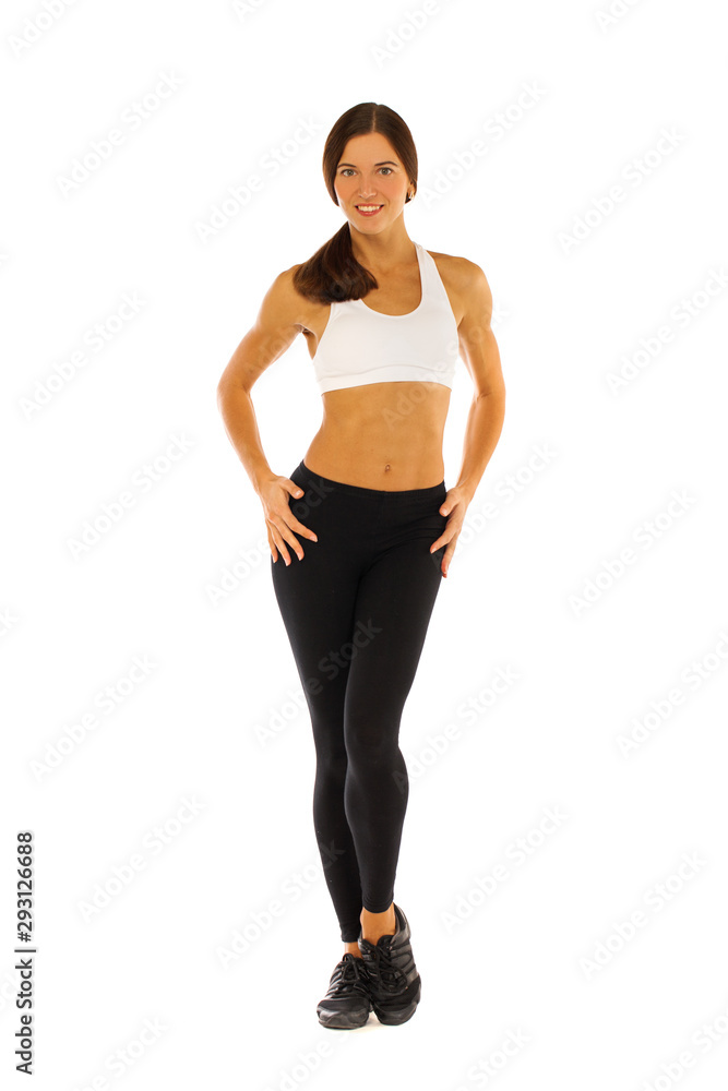 Young healthy girl doing exercises, full length portrait isolated over white background Young healthy girl doing exercises, full length portrait isolated over white background