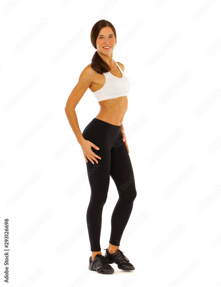 Young healthy girl doing exercises, full length portrait isolated over white background Young healthy girl doing exercises, full length portrait isolated over white background
