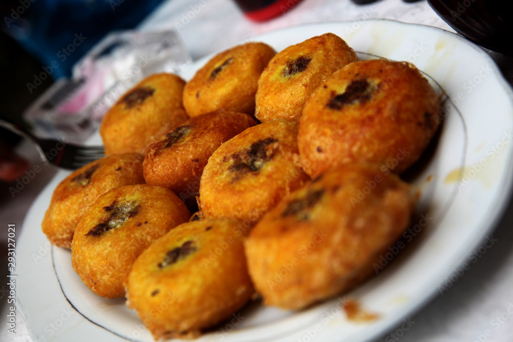 Potato patties stuffed with beef. Rustic style. Close Up Potato patties stuffed with beef. Rustic style. Close Up