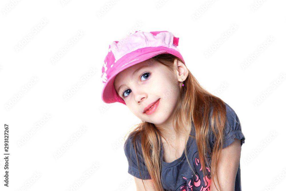 Cute girl wearing pink cap isolated on white Cute girl wearing pink cap isolated on white