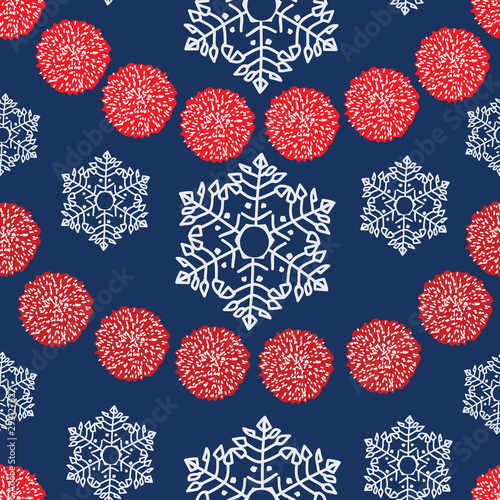Vector repeating pattern, red and white pom pom girlande and snowflakes. BLue background.