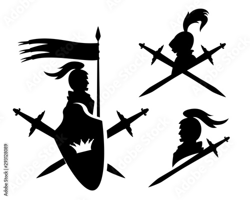 royal knights with sword and shield - warrior head and blade black and white heraldic vector silhouette