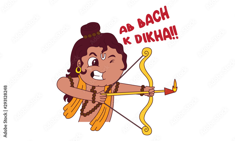 Vector cartoon illustration of god rama with bow and arrow. Ab bach k dikha  Hindi text translation - now save with this. Isolated on white background.  Stock Vector | Adobe Stock