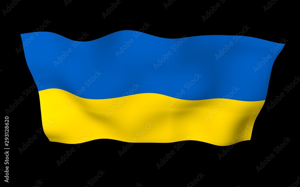 Obraz premium The flag of Ukraine on a dark background. National flag and state ensign. Blue and yellow bicolour. 3D illustration waving flag