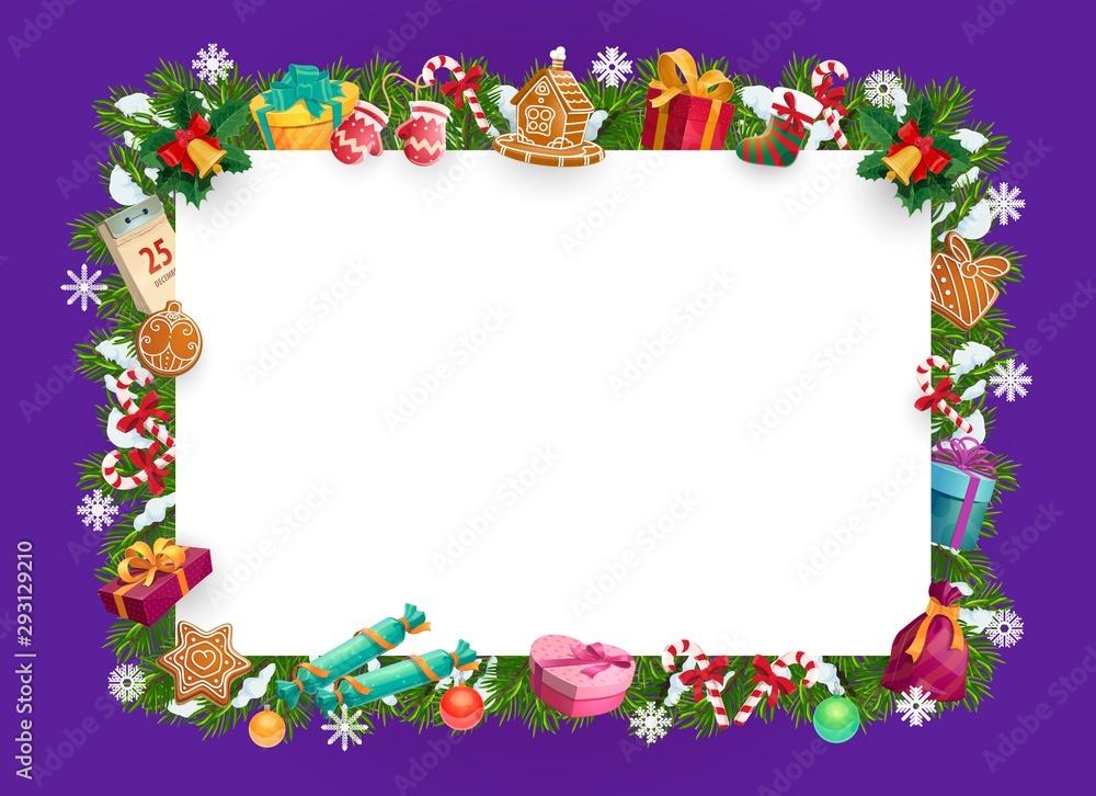 Christmas tree, gifts, presents wreath. Xmas frame Christmas tree, gifts, presents wreath. Xmas frame