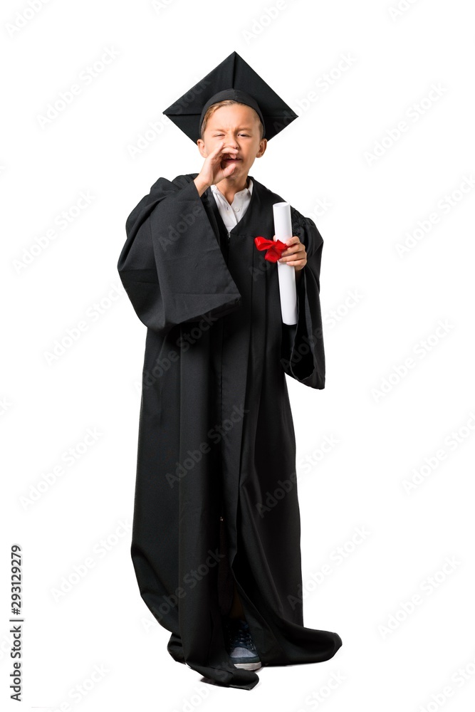 Full body of Little boy graduating shouting with mouth wide open on isolated white background Full body of Little boy graduating shouting with mouth wide open on isolated white background