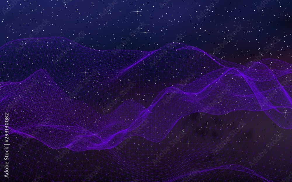 Abstract ultraviolet landscape on a dark background. Purple cyberspace grid. hi tech network. Outer space. Violet starry outer space texture. 3D illustration Abstract ultraviolet landscape on a dark background. Purple cyberspace grid. hi tech network. Outer space. Violet starry outer space texture. 3D illustration