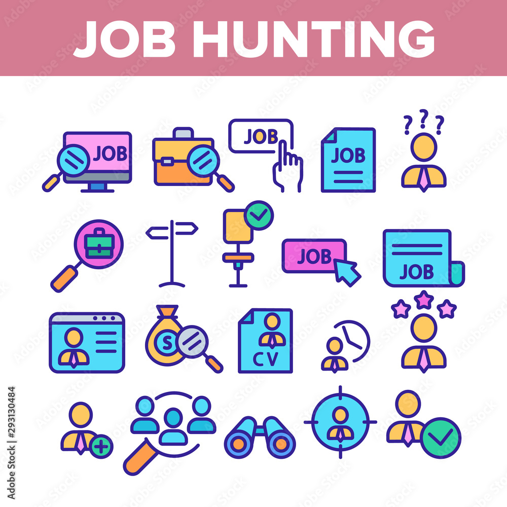 Job Hunting Collection Elements Icons Set Vector Thin Line. Magnifier With Suitcase And Computer, Web Site And Businessman Job Hunting Concept Linear Pictograms. Color Contour Illustrations