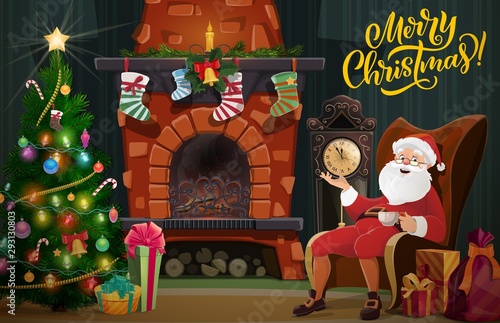 Christmas fireplace, Xmas tree, gifts and Santa