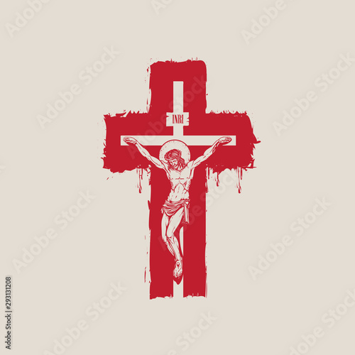 Vector banner with crucifixion. Religious illustration with crucified Jesus Christ on the abstract red cross, a Catholic symbol. INRI