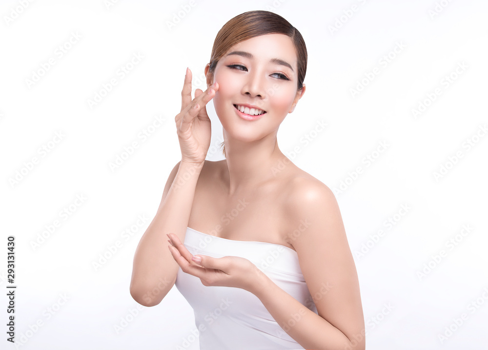 Beauty young asian woman showing hand for product on white background. treatment & Skin care concept Beauty young asian woman showing hand for product on white background. treatment & Skin care concept