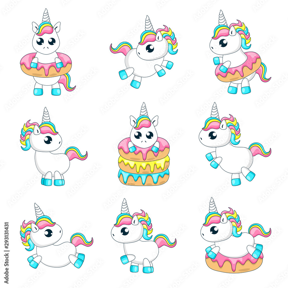 Set of cute baby unicorns playing with donuts.Vector illustration Set of cute baby unicorns playing with donuts.Vector illustration