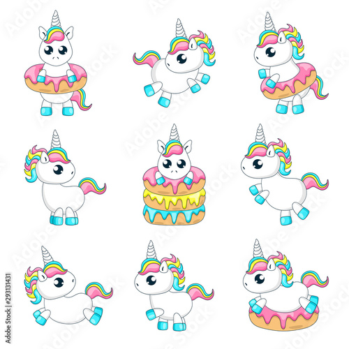 Set of cute baby unicorns playing with donuts.Vector illustration