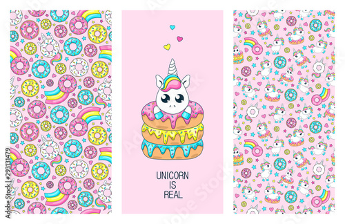 Set of cute posters. Baby unicorn playing with donuts.Fairytale seamless pattern. Donut unicorn with white  glaze and rainbow tail, pink, blue mint and yellow lemon donuts, pink comet with rainbow