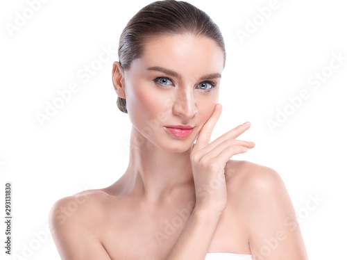 Beauty Young woman with perfect facial skin. Gestures for advertisement treatment spa and cosmetology.