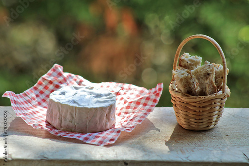 Fototapeta Naklejka Na Ścianę i Meble -  Camenbert, fromage de vache sur torchon à carreaux rouge et blanc