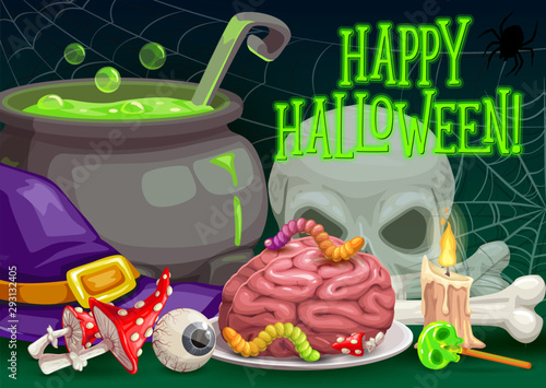 Halloween witch hat, spider, skull, zombie brain