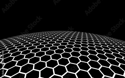Dark honeycomb on dark background. Perspective view on polygon look like honeycomb. Ball, planet, covered with a network, honeycombs, cells. 3D illustration