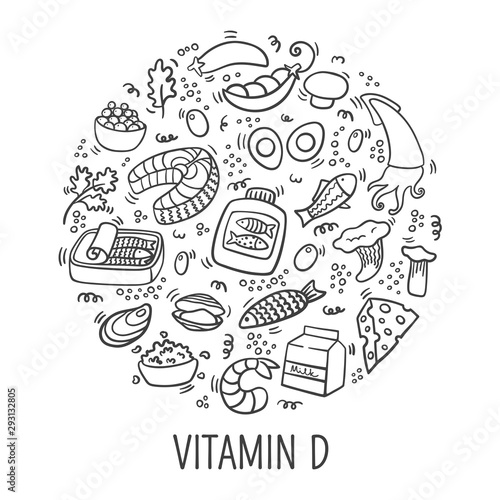 Vitamin D doodle outline illustration in circle. Hand drawn illustration of different food rich of vitamin D. - Vector. Nutritional and dietary concept. Vitamin D sources isolated on white background