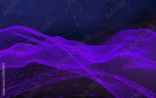 Abstract ultraviolet landscape on a dark background. Purple cyberspace grid. hi tech network. Outer space. Violet starry outer space texture. 3D illustration